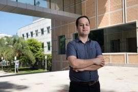 <p>“Imagine you’re out working in a remote location … and you need to keep track of your health information on demand, or there’s an incident, and you need to monitor someone’s vital signs urgently and accurately,” says Rahim Esfandyar-Pour, UCI assistant professor of electrical engineering and computer science and biomedical engineering. “This self-powered and wireless device allows you to do that without relying on a battery that can lose its charge.” Steve Zylius / UCI</p>
