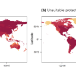 <p>Amount of currently protected forest, shrubland, and grassland land as the percent of total forest, shrubland, and grassland. a) Protected land that is suitable for agriculture. b) Protected land that is unsuitable for agriculture. (Credit: Alan Di Vittorio, Berkeley Lab) </p>
