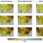 <p>The LOCA2 data estimate how often a “once-in-a-century” day of rain or snow will hit in different climate change scenarios between now and 2100. Colors on the maps show how frequently researchers expect such an extreme precipitation event to occur, with the darkest brown indicating every 30 to 40 years.<br />
Credit: Dave Pierce/Scripps Institution of Oceanography</p>
