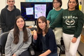 <p>Sammy Alhassen, Wedad Alhassen, Amal Alachkar, Kiki Jiaqi Chen and Roudabeh Vakil Monfared (from left) of UCI’s Department of Pharmaceutical Sciences found that removal of cilia from the brain’s striatum region in mice caused a unique set of behaviors that share a characteristic found in mental and neurological disorders ranging from schizophrenia to Huntington’s disease: impaired time perception and judgment. Lamees Alhassen / UCI</p>
