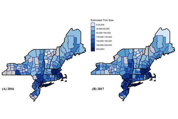 Side by side maps of the northeastern United States representing 2016 and 2015 with darker shading in certain counties.
