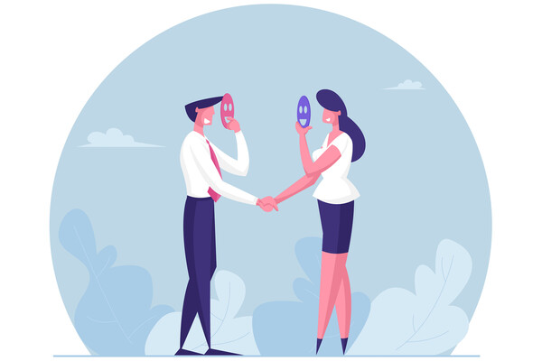 Businesspeople shaking hands holding up masks to their faces