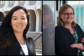 <p>Michelle Digman (left), UCI associate professor of biomedical engineering, and Jennifer Prescher, UCI professor of chemistry, have been appointed as co-principal investigators on a project funded by The Paul G. Allen Frontiers Group to research the connections between metabolism and the human immune system. Photos by Wesley Koseki and Steve Zylius / UCI</p>
