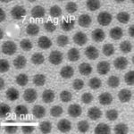 <p>Electron microscopy images of 7-nanometer-diameter copper nanoparticles (shown left) and silver nanoparticles (center). At right: Electron microscopy image of ultrathin material synthesized from copper and silver nanoparticles, which could potentially be coupled with light-absorbing silicon nanowires for the design of efficient artificial photosynthesis systems. (Credit: Peidong Yang/Berkeley Lab, courtesy of Nature Catalysis)</p>
