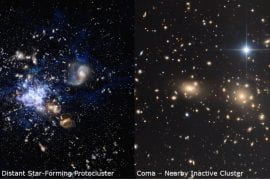<p>In the early universe, all previously discovered distant protoclusters – such as the Spiderweb (artist’s impression at left) – are full of vigorously star-forming galaxies. In contrast, the newly detected protocluster MAGAZ3NE J095924+022537 contains numerous red and dead galaxies, similar to the nearby Coma cluster (right). The discovery of an ancient cluster of galaxies resembling those found in modern clusters was a huge surprise to the team of researchers from UCI, UC Riverside and other institutions. Spiderweb: M. Kornmesser / European Southern Observatory; Coma: Russ Carroll, Robert Gendler and Bob Franke / Dan Zowada Memorial Observatory</p>
