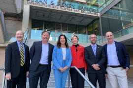 <p>Dignitaries in attendance at a coastal solutions meeting held at UCI on Dec. 21 included, from left to right, John Gould, dean of UCI’s School of Social Ecology; Senator Josh Newman of California’s 29th Senate District; Assemblywoman Cottie Petrie-Norris of the 73rd Assembly District; Assemblywoman Diane Dixon of the 72nd Assembly District; Dean of Engineering Magnus Egerstedt; and Brett Sanders, UCI professor of civil and environmental engineering. Brian Bell / UCI</p>
