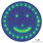 <p>An electron beam placed at a series of locations on a sheet of twisted hBN intensifies the light emission from each location. The brightness depends on how long the beam sits at a given point, or the electron flux delivered to that point. The result is an illuminated pattern. (Credit: Su et al. 2022)</p>
