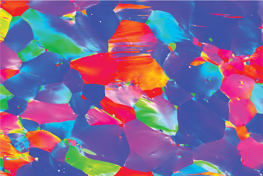 <p>A map of the crystal structure of the NbTaTiHf alloy made with electron backscatter diffraction in a scanning electron microscope. Each color represents a section of the crystal where the repeating structure changes its 3D orientation. (Credit: Berkeley Lab)</p>
 