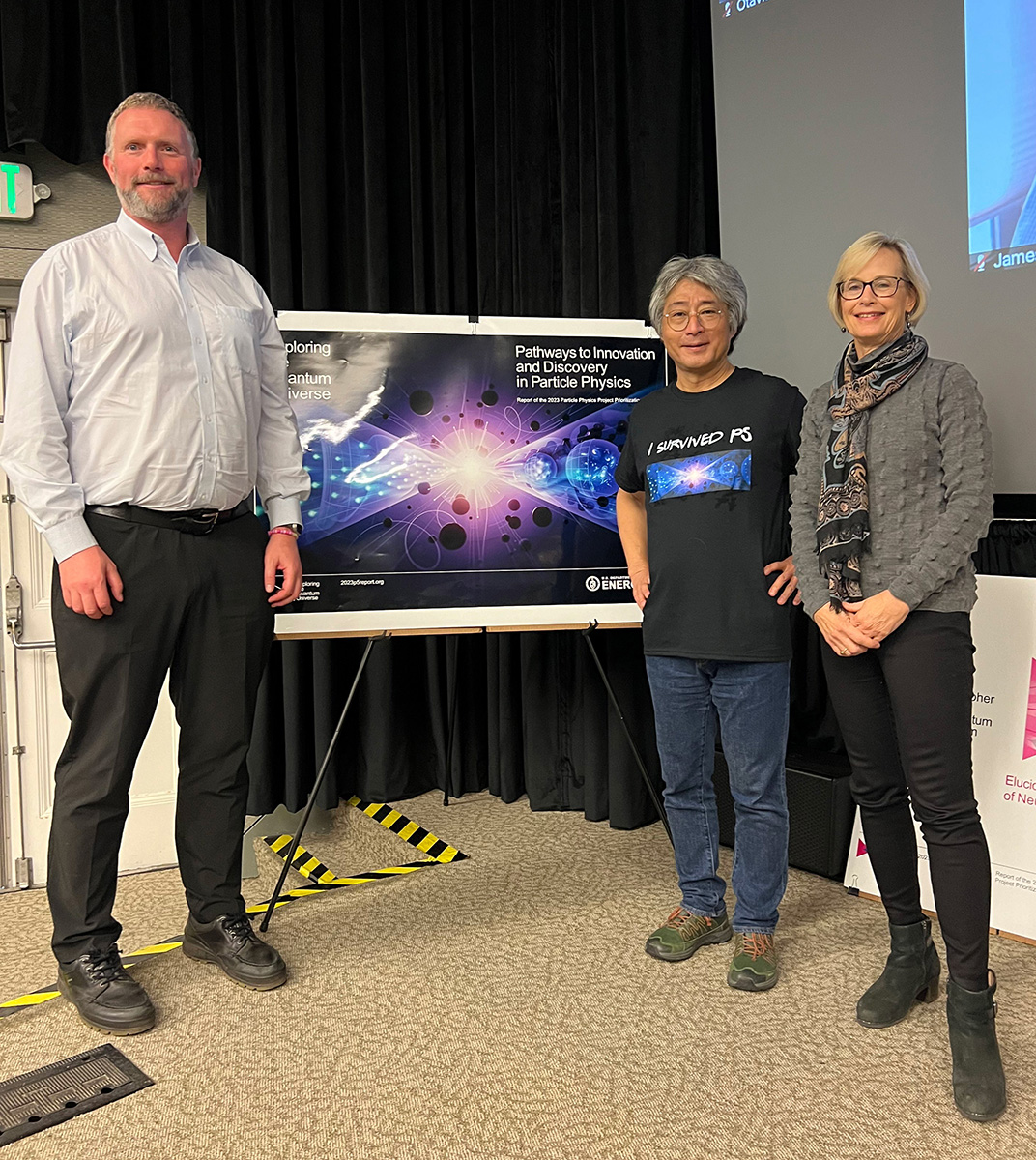 <p>Cameron Geddes, Hitoshi Murayama, and Natalie Roe after Murayama’s P5 Report presentation at Berkeley Lab on December 12, 2023.(Credit: Stephany Tone)</p>
