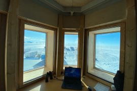 <p>Professor Eric Rignot usually teaches his UCI climate science classes in venues such as room 100 of the Physical Sciences Lecture Hall. On Jan. 10, his students were in that auditorium, but his view that day of a frozen expanse outside the observation deck of Belgium’s Princess Elisabeth Antarctica research facility. Eric Rignot / UCI</p>
