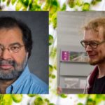 <p>Vittal Yachandra, left, and Philipp Simon over laid on a microscopy image of plant cells.</p>

