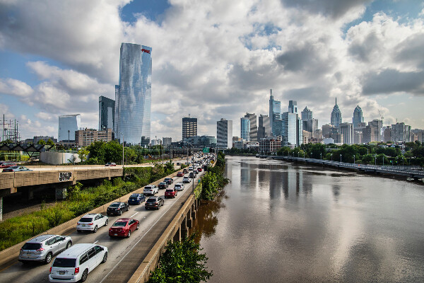 the philadelphia city skyline looking north on a sunny day