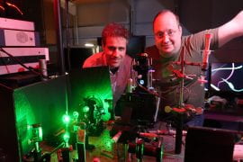 <p>Dmitry Fishman (right) and Eric Potma, both professors of chemistry at UC Irvine, made a breakthrough discovery regarding the way light interacts with solid matter in silicon. Their work could lead to improved efficiency in solar electric systems, semiconductor lasers and other advanced optoelectronic technologies. Lucas Van Wyk Joel / UC Irvine</p>
 
