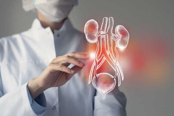 Doctor touches virtual image of kidneys and bladder.