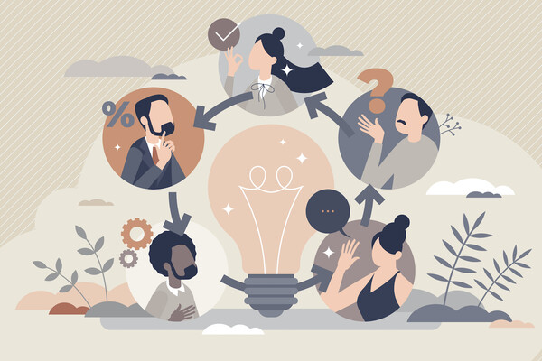 illustrated bubbles of five people exchanging questions and ideas.