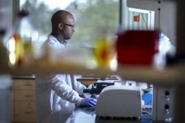 <p>Timothy Downing, UCI assistant professor of biomedical engineering, images genetically modified stem cells in his laboratory to confirm their expression of a reporter gene. Downing’s research in the Edwards Lifesciences Foundation Cardiovascular Innovation and Research Center at UCI focuses on understanding how gene regulatory mechanisms contribute to stem cell differentiation on the progress of diseases and cellular aging. </p>
<p>Steve Zylius / UCI</p>
