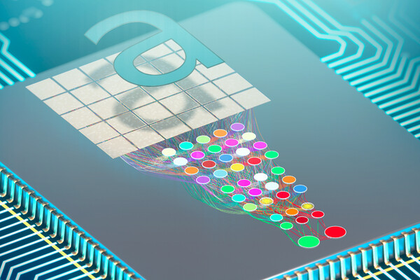 Closeup of microchip detail with dots representing systems.