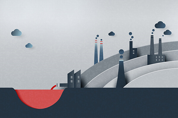 Illustration of industry chimney pollution in the air and water
