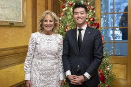 <p>Steven Gong, pictured here with Jill Biden, spent the fall quarter as a health and life science policy intern for the Office of the First Lady. </p>
<p>Courtesy of Steven Gong.</p>
