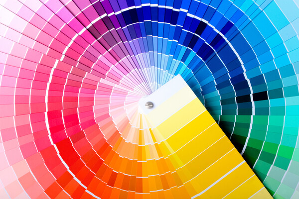 fanned out color sample sheets depicting a rainbow of shades