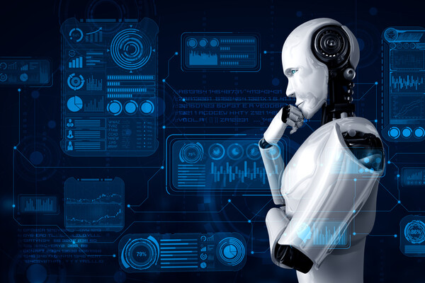 A robot superimposed over data.