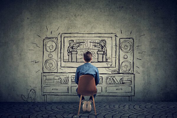 a person with their back to the camera looking at a drawing of a television with two people debating