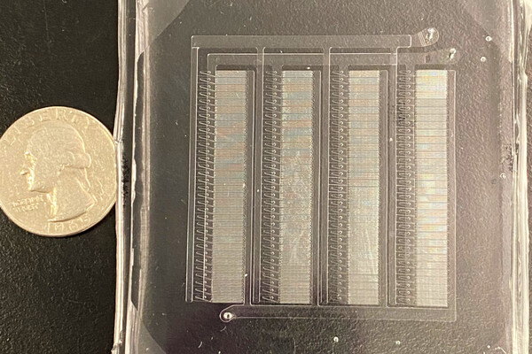 An etched silicon and glass wafer on a surface with a quarter beside it for scale.