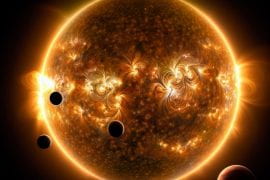 <p>An artistic rendering of dwarf star TOI-1136 shows how exoplanets in close orbit are blasted and sculpted by radiation and solar flares, affecting their atmospheres. UCI researchers say that magnetic variability around the star creates noise, making measurements of the exoplanets’ masses more difficult. Rae Holcomb and Paul Robertson / UCI</p>
