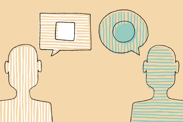 Two human figures communicating via different colors, shapes, and dialog boxes.