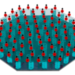 <p>This illustration of the quantum sensor shows trapped beryllium ions (red dots) arranged into a 2D crystal. (Credit: S. Burrows/JILA)</p>
