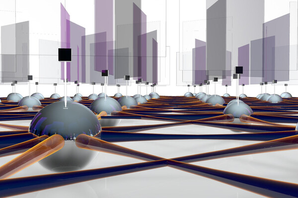 interconnected nodes with squares depicting information above them
