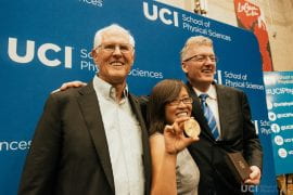<p>Sir David MacMillan, James S. McDonnell Distinguished University Professor of Chemistry at Princeton University (right), paid a visit to UCI in May which enabled a reunion with his Ph.D. advisor Larry Overman, Distinguished Professor emeritus, and Vy Dong, professor of chemistry, who was advised by MacMillan at UC Berkeley and Caltech. Lucas Van Wyk Joel / UCI</p>
