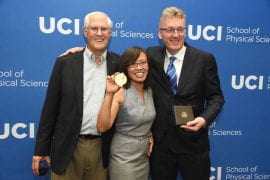 <p>Nobel laureate David MacMillan, Ph.D. ’96, (right) visits UCI in May, enabling a reunion with his Ph.D. advisor Larry Overman, UCI Distinguished<br />
Professor emeritus, and Vy Dong, UCI professor of chemistry, who was advised by MacMillan at UC Berkeley and the California Institute of Technology.</p>
