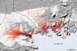 <p>For a recent paper in Nature Geoscience, UCI, NASA JPL and other researchers used satellite data to study the Pope, Smith and Kohler glaciers that drain into the Amundsen Sea Embayment in West Antarctica. They gained valuable information about ice-ocean interactions that have led to the rapid retreat of these and other Antarctic glaciers, helping them to better model the future impact on global sea level rise. NASA</p>
